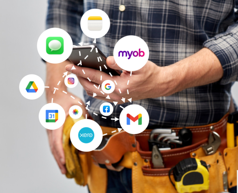 Tradie holding a phone with messy, disconnected apps on the screen