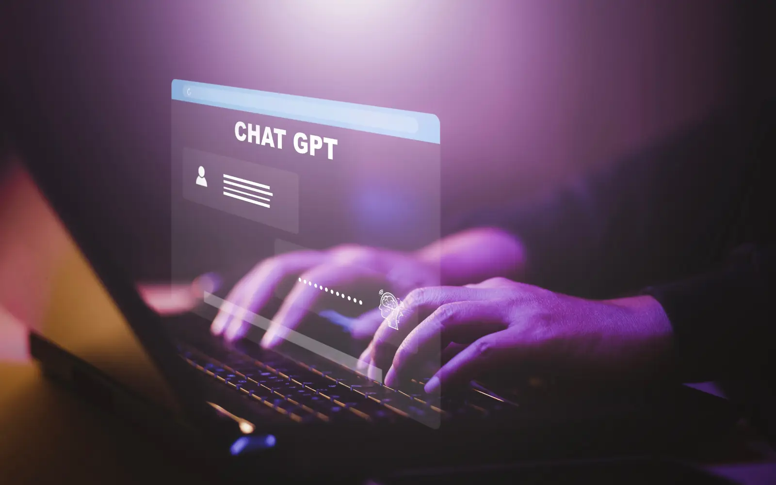 Person typing at keyboard with holographic screen showing ChatGPT browser interface