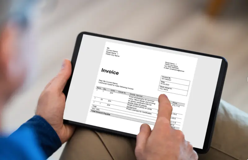 Picture of a digital invoice on a tablet