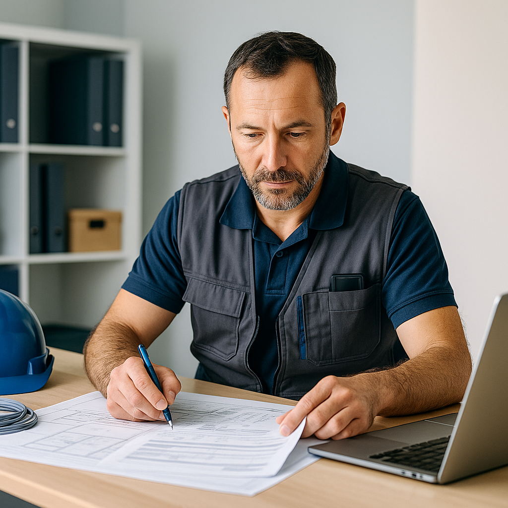 Tradesperson reviewing EOFY documents at a clean desk
