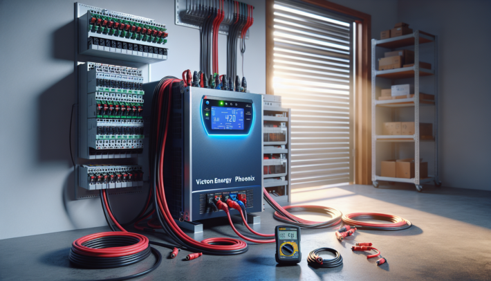 Victron inverter with blue LED display converting power in Australian electrical workshop for tradie website conversion
