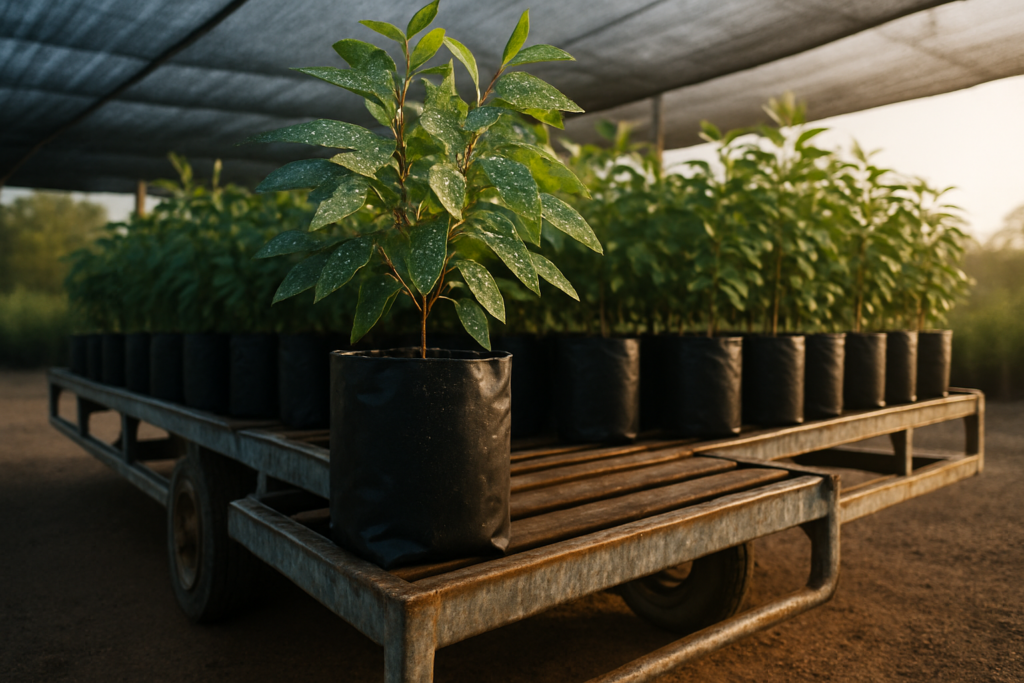 Galvanised nursery trolley with advanced eucalyptus trees, one selected specimen pulled forward showing top 2025 landscaping ideas