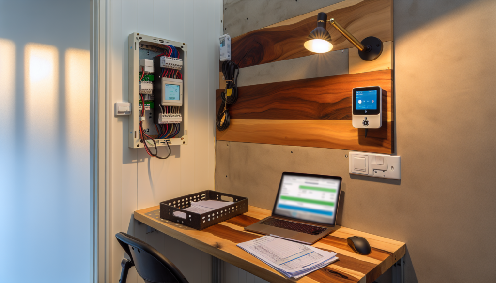 An organized corner of an electrician's workshop with a smart home control panel and a laptop showcasing an invoicing dashboard.