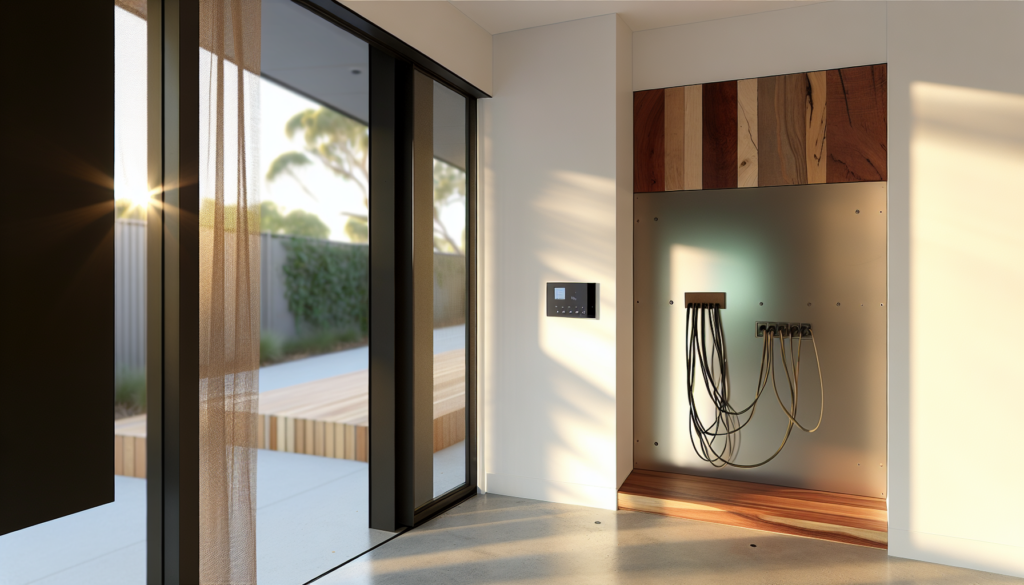 Modern entry and home office for a trade service business, featuring smart control and integrated cabinetry.