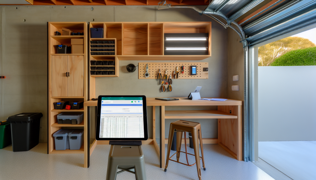 A modern Australian tradesperson's workspace featuring a tablet, organized tools, and ambient lighting.