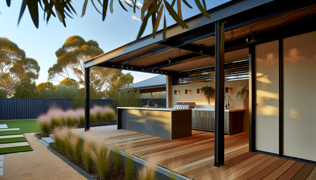 An outdoor alfresco area featuring a modern kitchen and timber deck, showcasing premium craftsmanship.