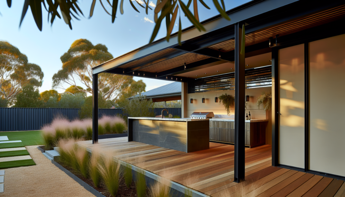 An outdoor alfresco area featuring a modern kitchen and timber deck, showcasing premium craftsmanship.