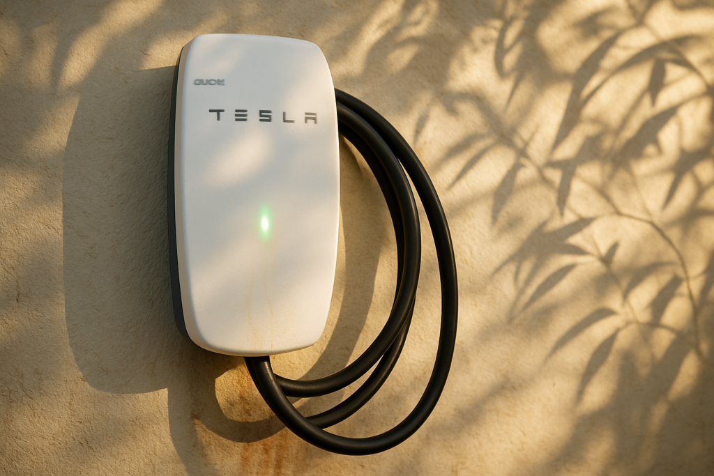 White Clipsal Tesla wall connector mounted on cream render with green charging LED glowing
