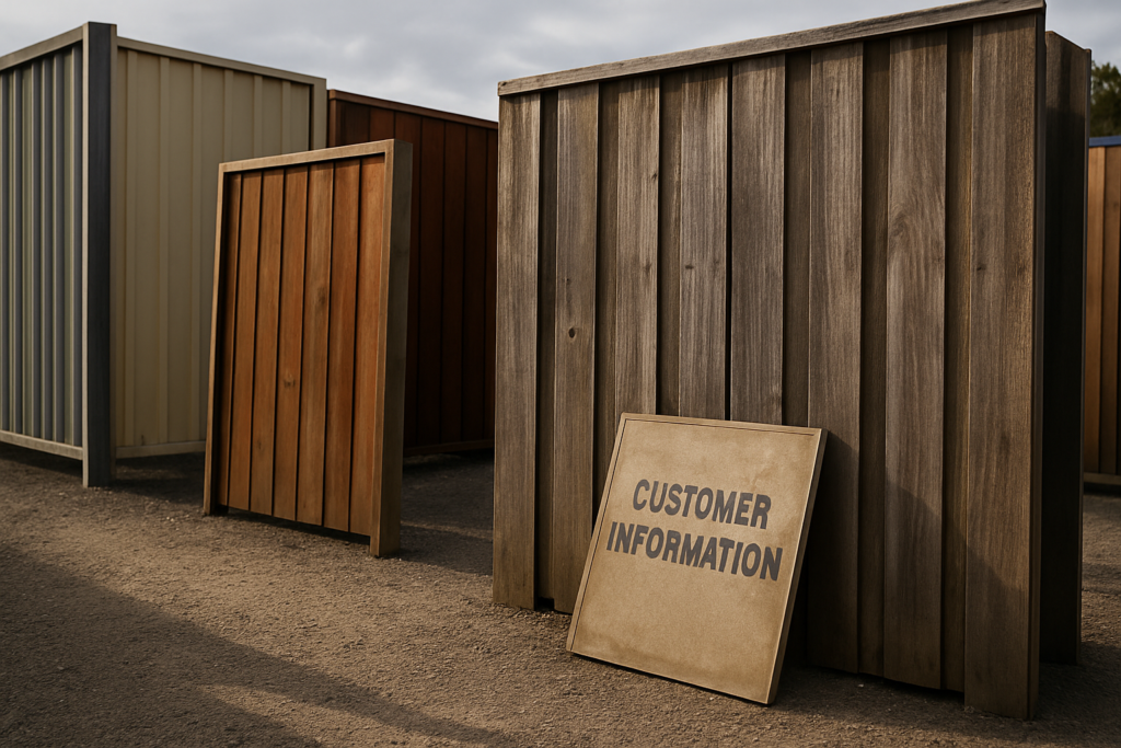 Weathered timber and Colorbond fence display panels at Australian fencing contractor yard