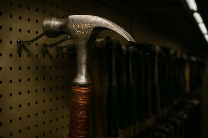 Estwing claw hammer selected from pegboard wall of tools, must have apps for tradies comparison