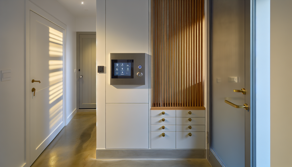 A professional image of a residential entry with smart home control panel and warm lighting.