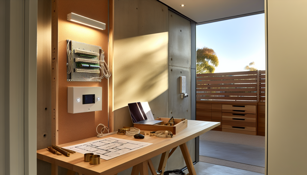 A smart home control panel and organized workspace for an Australian trade