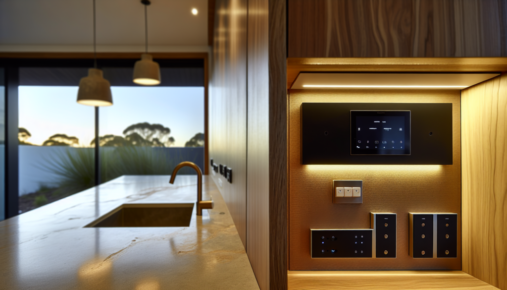 A modern Australian residential workspace featuring smart lighting controls and home automation.