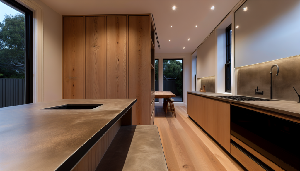 A modern open-plan kitchen showcasing quality craftsmanship with timber and stone finishes, tailored for tradespeople.