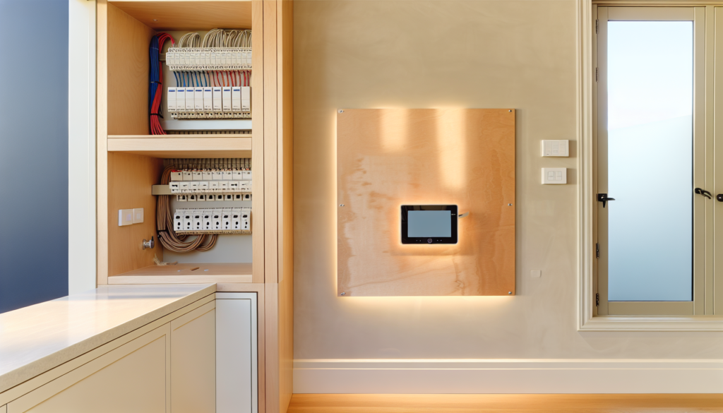 A neat recessed smart-home automation cabinet showing organized cabling and a touchscreen in a modern home.