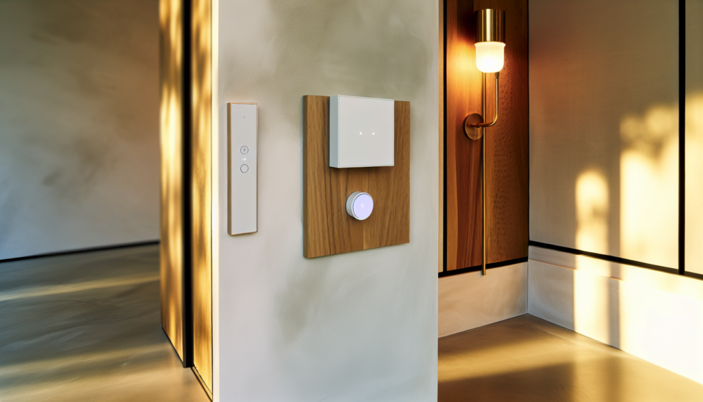 Smart control panel and voice assistant speaker installed in a premium residential hallway.