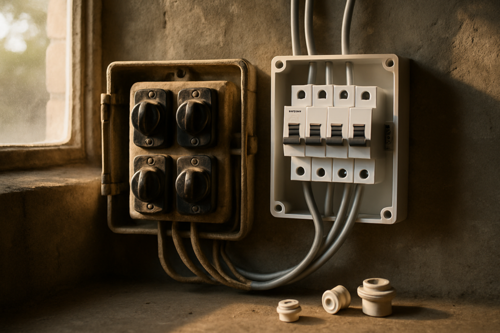 Old ceramic fuse switchboard beside new circuit breaker panel showing electrical upgrade transformation