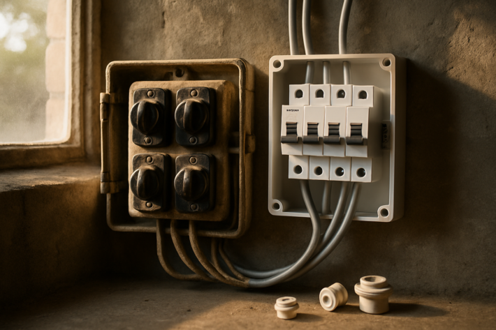 Old ceramic fuse switchboard beside new circuit breaker panel showing electrical upgrade transformation