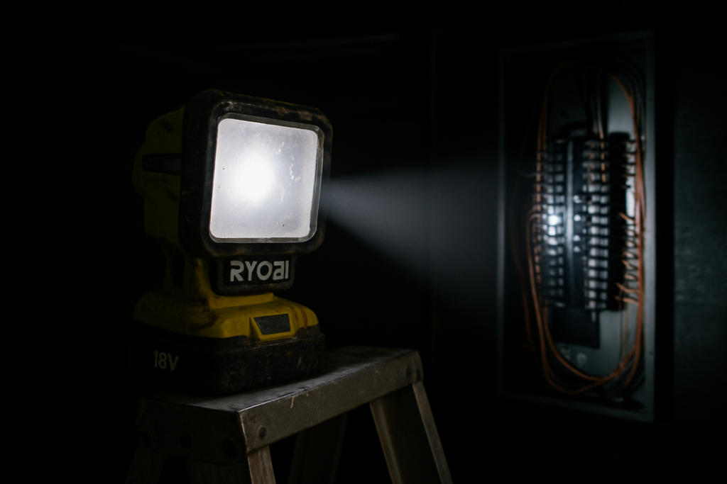 Ryobi LED work light illuminating electrical panel in dark garage for Google Ads electricians guide