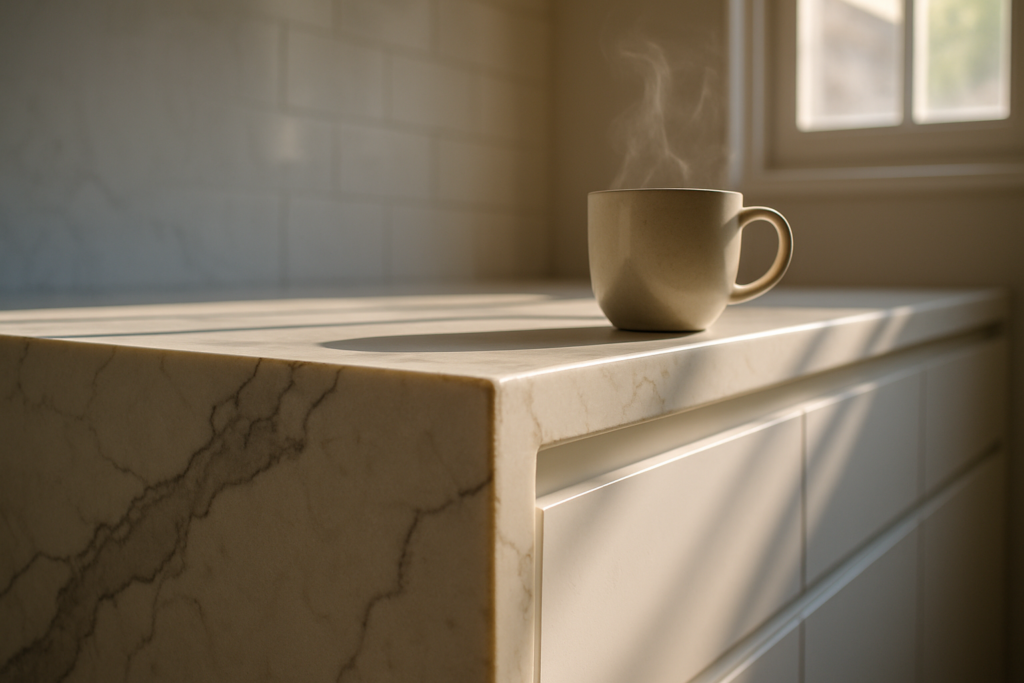 Modern kitchen with waterfall stone benchtop and handleless white cabinetry for Instagram tradies guide