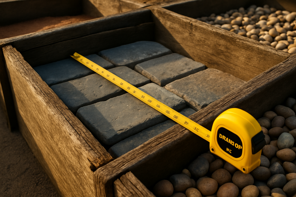 Weathered timber sample bays with bluestone pavers and landscaping materials for landscaper marketing comparison