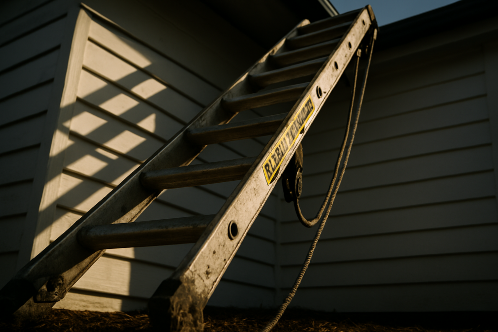 Extension ladder against weatherboard house for roofing marketing reach concept