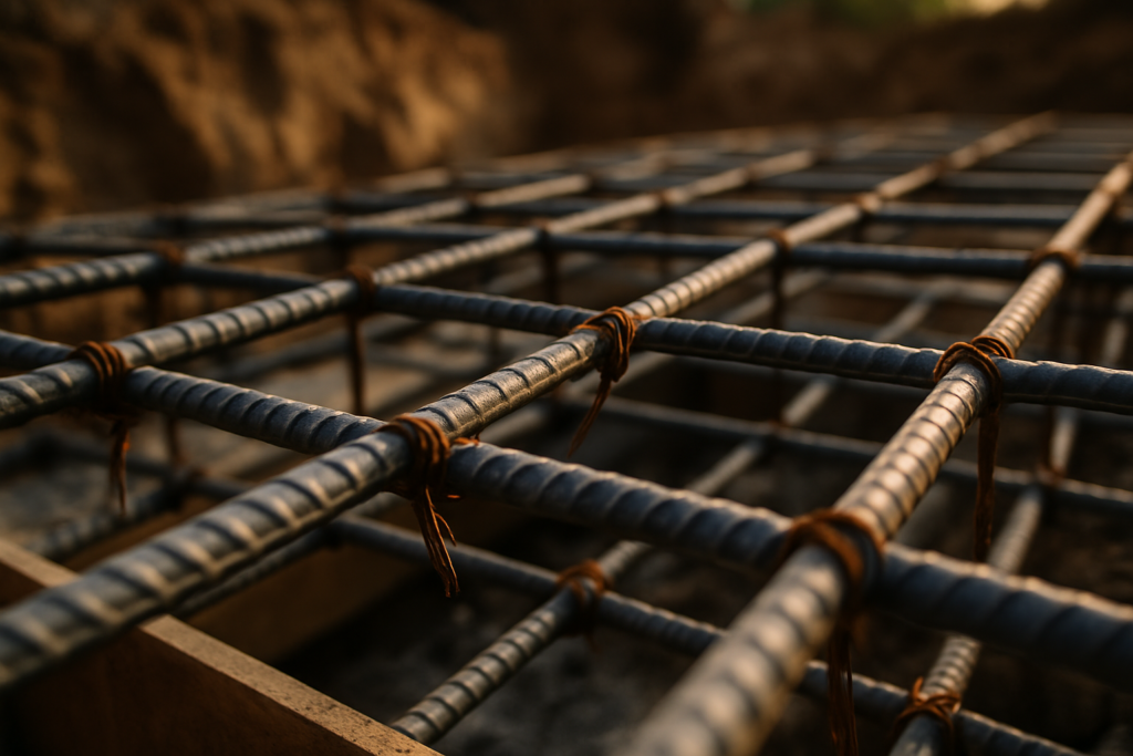 Steel reinforcing bars connected with tie wire on construction site for backlink building tradies