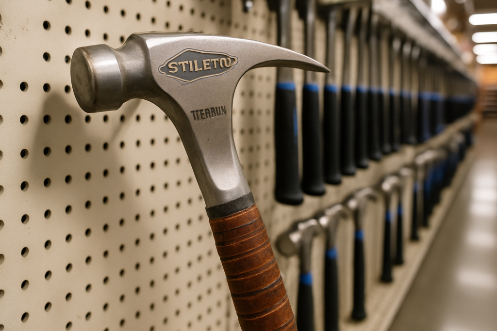 Stiletto titanium framing hammer pulled forward from hardware store pegboard display for tradie social media marketing