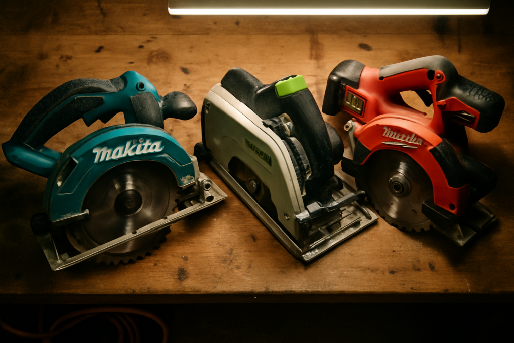 Three circular saws on workshop bench comparing website builder options for tradies
