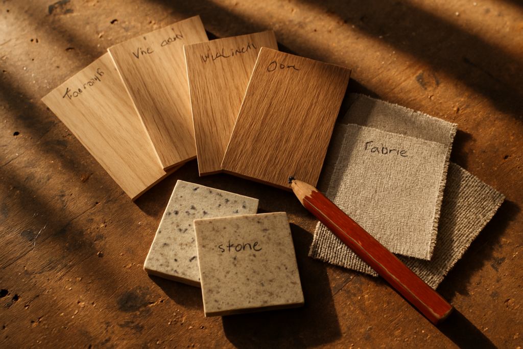Timber veneer samples and material swatches on carpenter's workshop bench for web design tradies inspiration